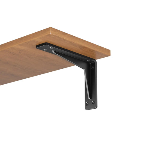 Built Tough 18 Inch Heavy Duty Shelf Brackets 8 Pack, solid black steel wall mount supporting a wooden shelf.