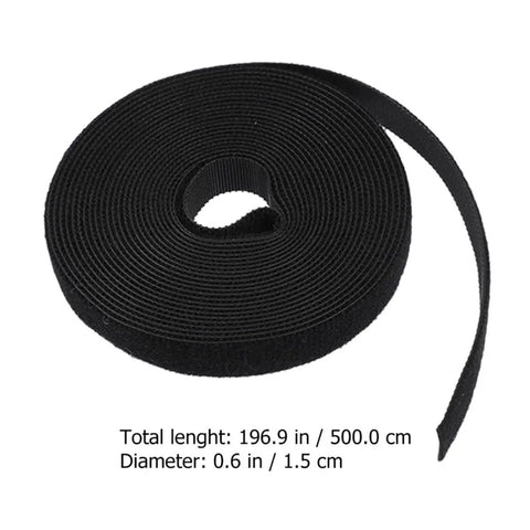 Durable Black Hook And Loop Cable Ties 2 Rolls Reusable Self Adhesive Cord Organizers Tame Tangled Cables Fast For Home Office Garage Network Power Data roll view with measurements.