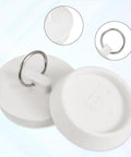 Heavy Duty Rubber Sink Stopper And Bathtub Drain Plugs Built Tough With A Slick Hang Loop Gives You A Rock Solid Leak Free Seal For Any Universal Tub Shower Or Laundry Setup White Two Pack, showing two stoppers with hanging loop.