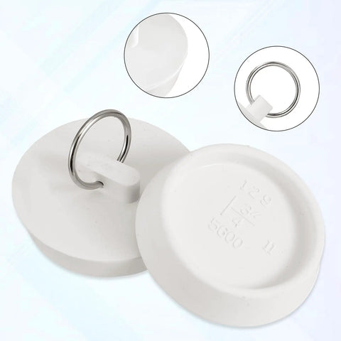 Heavy Duty Rubber Sink Stopper And Bathtub Drain Plugs Built Tough With A Slick Hang Loop Gives You A Rock Solid Leak Free Seal For Any Universal Tub Shower Or Laundry Setup White Two Pack, showing two stoppers with hanging loop.