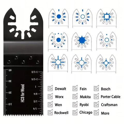 Pro-Grade Oscillating Tool Accessory Kit 24-Piece Set with OIS adapter and HCS blades for wood compatibility chart