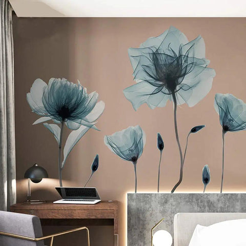 Blue Flower Wall Decals Peel And Stick Removable Die Cut Vinyl Murals For Bedroom Living Room Classroom Office Easy Apply