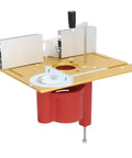 Slick Aluminum Router Lift Kit With Dead Nuts Accurate Dial Scale Flip Plate, showcasing precise elevation control and red base.