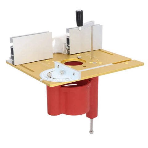 Slick Aluminum Router Lift Kit With Dead Nuts Accurate Dial Scale Flip Plate, showcasing precise elevation control and red base.