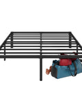 Heavy Duty Steel Platform Bed For Full Size Mattresses showcasing slats with a travel bag underneath, sleek matte black finish.