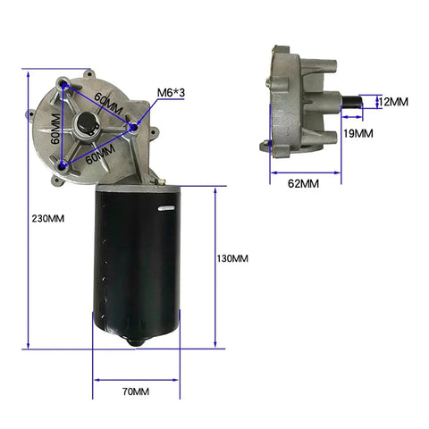 Powerful 100W DC Turbine Reducer Motor With 12V And 24V Options, dimensions labeled for robotic automation projects.