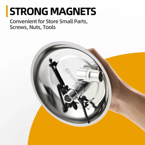 Four Piece Magnetic Tray Set In Stainless Steel With Strong Magnets includes round tray for storing small screws and tools