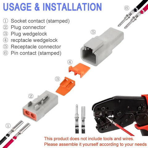 2 Pin IP67 Waterproof Automotive Electrical Connector Kit with 3 sets, showing components and crimping tool.