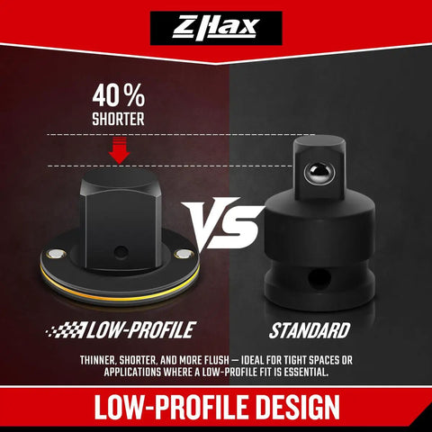 Comparison of low-profile socket adapter versus standard adapter, showcasing 40% shorter design for tight spaces