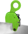 Rock Solid Vertical Plate Lift Heavy Duty Sheet Steel Clamp Granite Slab Lifter with green jaws gripping a steel sheet securely.