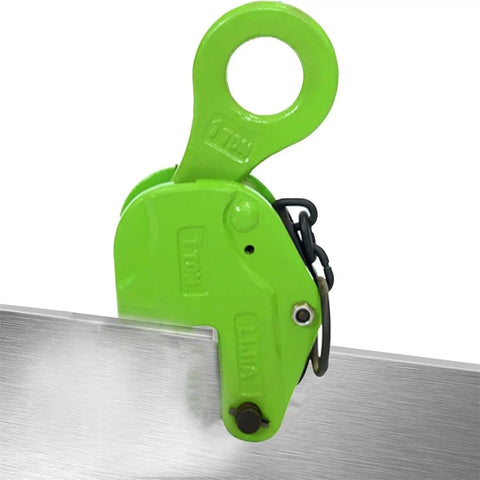 Heavy Duty Vertical Plate Clamp 5 Ton 11000 Lbs Beefy Alloy Steel Sheet Lifter gripping a steel sheet with a green handle.