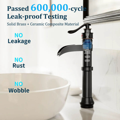 Oil Rubbed Bronze Vessel Sink Faucet With Waterfall Spout Tall Deck Mount Bathroom Tap Single Handle Single Hole Pop Up Drain