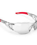 Tough As Nails Clear Safety Glasses Featuring Scratch Resistant Lenses And ANSI Z87 Certification for heavy workshop labor with red frames.