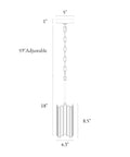 Diagram of gold pendant lighting with white glass cylinder for kitchen island, includes 59-inch adjustable chain and size dimensions.