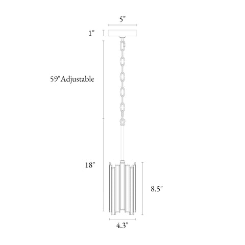 Diagram of gold pendant lighting with white glass cylinder for kitchen island, includes 59-inch adjustable chain and size dimensions.