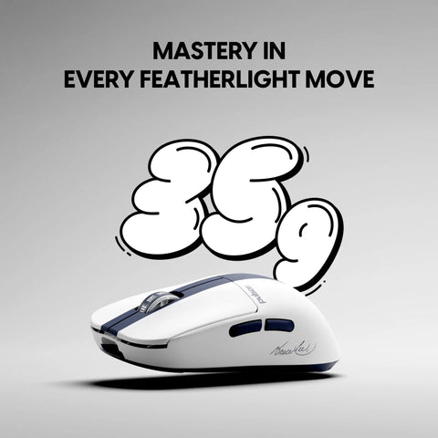 Featherlight Mini Wireless Gaming Mouse With CrazyLight 39g Build and Lightning Fast Wireless Response for Clutch Gameplay and Snagging Those Winning Vibes On Your Next Match Featuring Bruce Lee side angle on gray background.