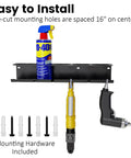 Heavy Duty Wall Mounted Pneumatic Tool Rack And Spray Can Organizer Combo featuring pre-cut mounting holes and tools.