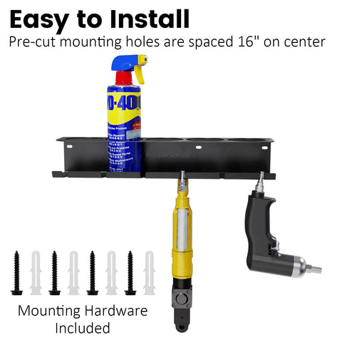 Heavy Duty Wall Mounted Pneumatic Tool Rack And Spray Can Organizer Combo featuring pre-cut mounting holes and tools.