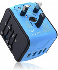 Blue All In One Worldwide Travel Power Adapter With Four USB Ports And AC Outlet For Two Hundred Countries Pocket Sized And Lightweight Ideal For Biz Trips And Vacations Not A Voltage Converter