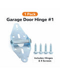Rock Solid 14 Gauge Heavy Duty Galvanized Steel Garage Door Hinge Number One Replacement Hardware with 4 screws displayed.