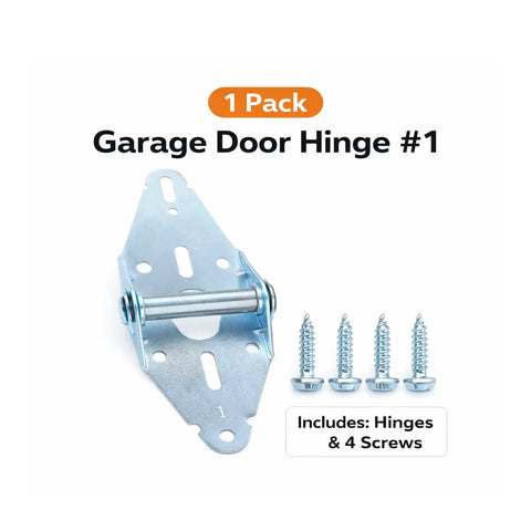 Rock Solid 14 Gauge Heavy Duty Galvanized Steel Garage Door Hinge Number One Replacement Hardware with 4 screws displayed.