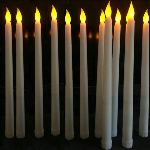 Set Of 12 Remote Flameless LED Taper Candles With Yellow Flicker Light Realistic White Plastic Candlesticks 11 Inch Tall Battery Operated Great For Halloween And Christmas Decor