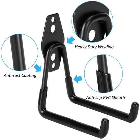 Close-up of Six Pack Heavy Duty Garage Hooks 4.9 Inch Steel Utility Hangers showing anti-rust coating and anti-slip PVC sheath.
