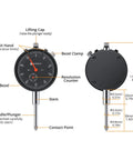 Diagram of Dial Indicator 0 To 1 Inch With 0.001 Inch Resolution And 132 Pound Magnetic Base For Lathe 3D Printer CNC Automotive And Lab Use In Imperial Gauge Set With Storage Case, showing parts and measurements.