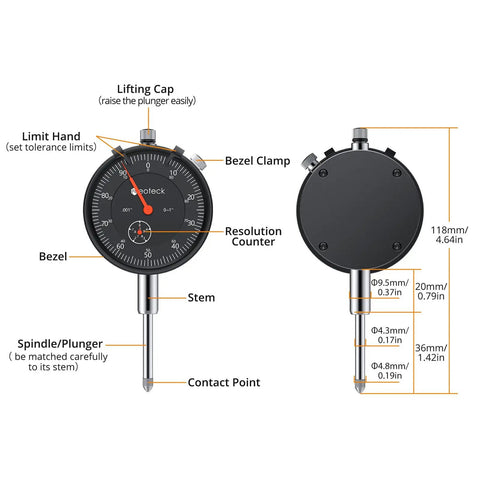 Diagram of Dial Indicator 0 To 1 Inch With 0.001 Inch Resolution And 132 Pound Magnetic Base For Lathe 3D Printer CNC Automotive And Lab Use In Imperial Gauge Set With Storage Case, showing parts and measurements.