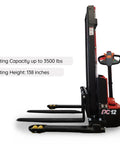 Built Tough Electric Pallet Stacker Packing 2600 Lbs Capacity Boasting Quick 118 Inch Lift Height with adjustable forks.