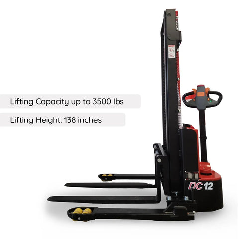 Built Tough Electric Pallet Stacker Packing 2600 Lbs Capacity Boasting Quick 118 Inch Lift Height with adjustable forks.