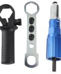 Heavy Duty Cordless Rivet Gun Adapter For Drills With Four Piece Aluminum Rivet Nut Kit And Multi Size Heads Smooth Riding Setup For Garage Wrenching And Auto Restoration Jobs No Sweat Repairs Guaranteed - black grip and blue tool details.