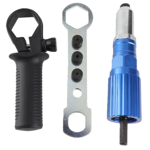 Heavy Duty Cordless Rivet Gun Adapter For Drills With Four Piece Aluminum Rivet Nut Kit And Multi Size Heads Smooth Riding Setup For Garage Wrenching And Auto Restoration Jobs No Sweat Repairs Guaranteed - black grip and blue tool details.