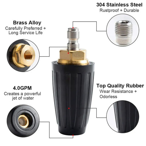 Turbo Rotating Pressure Washer Nozzle With 4000 PSI Max And Quarter Inch Quick Connect showing brass alloy and stainless steel parts.