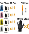 64 Piece Tire Repair Kit With Four Sizes Screw In Plugs, Nitrile Gloves And Screwdriver layout with measurements and quantities