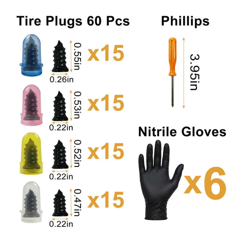 64 Piece Tire Repair Kit With Four Sizes Screw In Plugs, Nitrile Gloves And Screwdriver layout with measurements and quantities