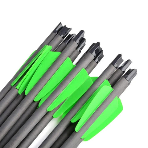 Carbon Crossbow Bolts For Hunting And Practice, 7.5 Inch Arrows With 2 Inch Vanes, 100 Grain 3 Blade Broadheads, Lightweight Carbon Fiber For Dead-On Accuracy, Fast Flight, Low Hand Shock, Pack Of 6 12 Or 24, Green shown close-up with green vanes