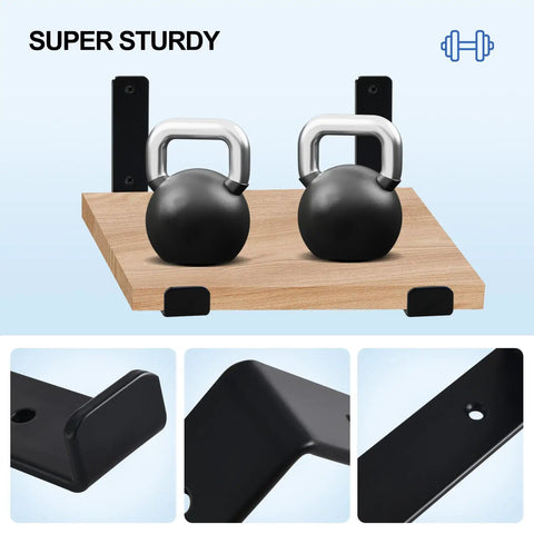 Matte Black J Lip Wall Shelf Brackets Hella Sturdy 8 Pack Industrial Rustic Farmhouse Floating Shelf Supports With All Hardware Badass Quick Diy Install For Your Home holding kettlebells on wood shelf.
