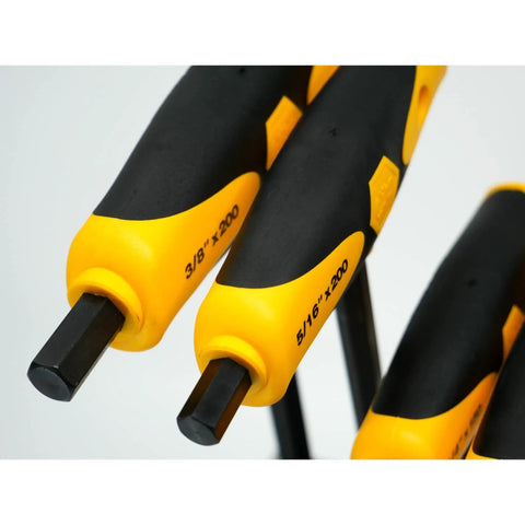 Close-up of Soft Grip Ball End Hex T Handle Set Inch 8 Piece With Dual Drive Pro Grade Color Coded Yellow SAE yellow handles.