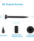 #8 Drywall Screws 2 inch length with coarse threads and flat Phillips head for secure fastening in wood and drywall.