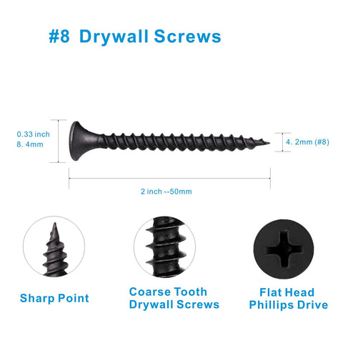 #8 Drywall Screws 2 inch length with coarse threads and flat Phillips head for secure fastening in wood and drywall.