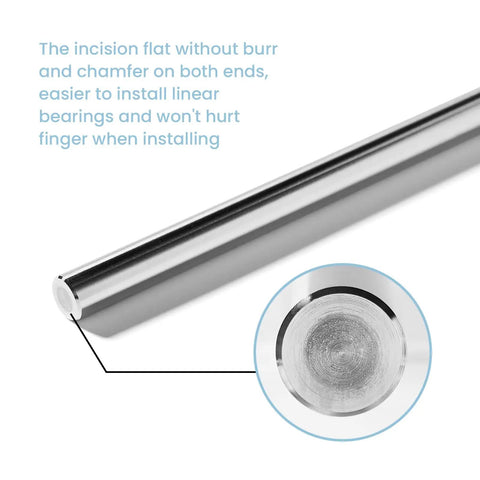 Two Pack 8mm By 150mm Linear Motion Rods For 3D Printers And CNC Machines With Precision Ground Tolerances And Hard Chrome Plated Carbon Steel Shafts For Smooth Bearing Fit showing chamfered end detail.
