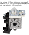 Carburetor replacement for Ryobi chainsaw, metal and plastic components, showcasing installation and compatibility details.