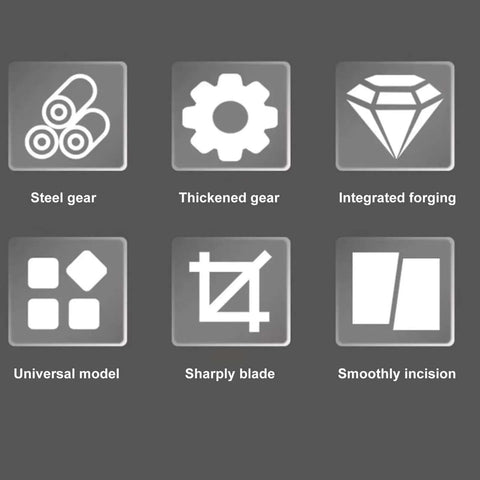 Icons showing features: steel gear, thickened gear, integrated forging, universal model, sharply blade, smoothly incision for Power Drill Plate Shears Attachment for Metal Cutting Sheet Cutter Adapter Kit Turns Your Drill Into A Pro Grade Precise Thin Iron Sheet Cutter With 40mm Titanium Steel Disc Wrench And Spring.