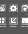 Icons of features for Electric Drill Refitting Plate Shears Attachment, highlighting steel gear, thickened gear, and smooth incision.