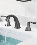 Matte Black Widespread Bathroom Sink Faucet 3 Hole Mount With Stainless Steel Pop Up Drain And cUPC Lead Free Hose Ceramic Valve