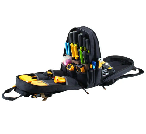 Rugged Carpenter Tool Backpack with 44 pockets and padded back support, showing dual compartments filled with tools.