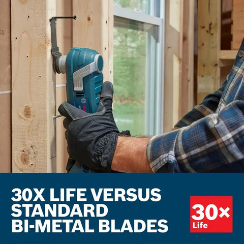 Person using oscillating tool with Starlock Carbide Plunge Cut Blade 1-1/4 In 10-Pack for precise wood cutting, 30x longer life
