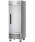 Heavy Duty Commercial Reach In Freezer Rock Solid Stainless Steel Kitchen Workhorse With Electronic Thermostat Led Display And Self Closing Door 23 Cu Ft Nsf Certified Cold Storage Unit, front angle view on wheels.