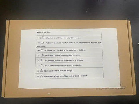 Warning label on box stating usage restrictions for Heavy Duty Eyeglass Frame Warmer Hot Air Heater For Spectacles With Adjustable Temperature 75 To 150 Celsius.